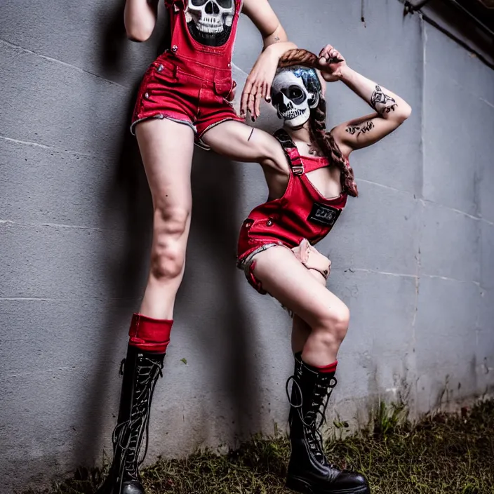 Prompt: fully body pose, photo of a very beautiful!! skull woman, overalls, short shorts, fishnets, combat boots, 8 k, hdr, smooth, sharp focus, high resolution, award - winning photo, trending on artstation, dslr, 5 0 mm