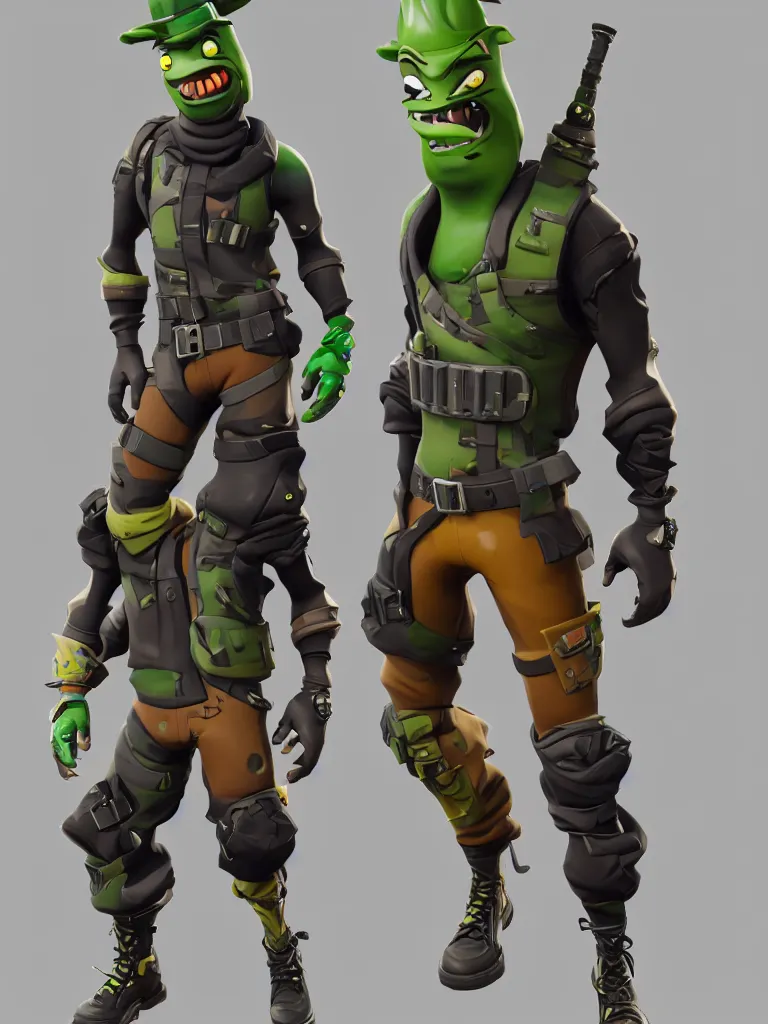 Image similar to fortnite character anthropomorphic pickle with kind eyes and a derpy smile. wearing a flak jacket ammo bandolier cargo pants black combat boots. fortnite, unreal engine, highly detailed