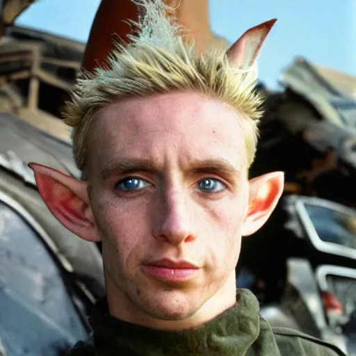 Image similar to close up headshot of a skinny high-fantasy elf with a long face narrow chin and spiky blonde hair wearing dark brown overalls and holding a bomb next to a destroyed car, high resolution film still, HDR color