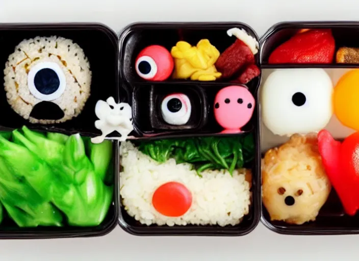 Image similar to photo of a japanese bento box from above. It is completely normal except it has human eyeballs in it.