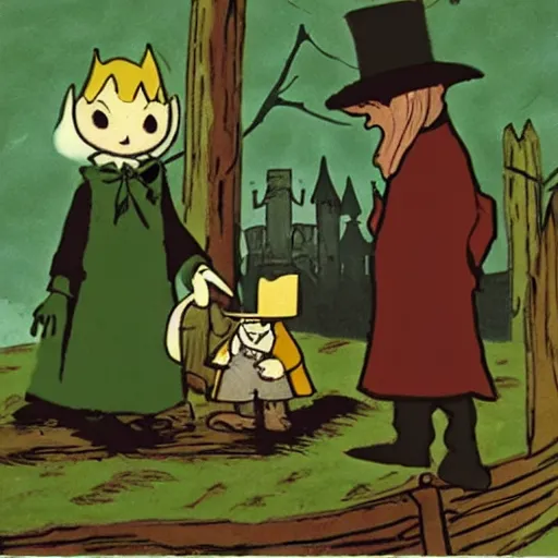 Image similar to count orlok having tea with snufkin and the moomins