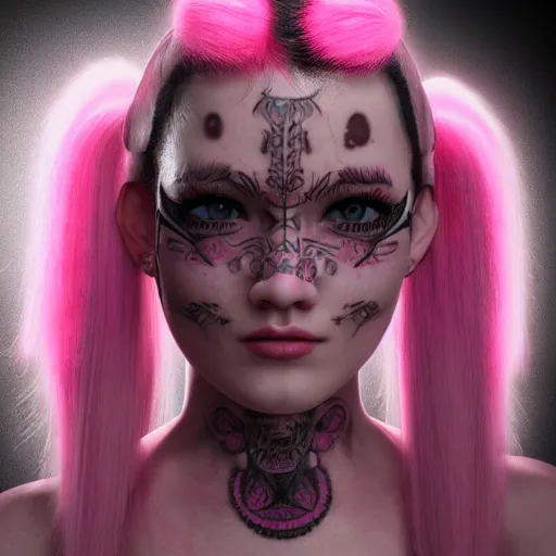 Image similar to An octane 3d render of a girl with pink pigtails, and face tattoos, 8d, HD, hyper detailed, intricate details, photorealistic, dynamic lighting, stunning visuals, creative, trending on art station,