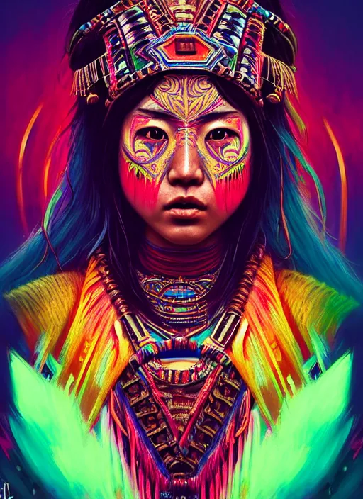 Image similar to portrait of karen fukuhara, hyper detailed ultra sharp aztec shaman warrior. trending on artstation, warpaint aesthetic, bloodwave, colorful, psychedelic, ornate, intricate, digital painting, concept art, smooth, sharp focus, illustration, art by artgerm and greg rutkowski and h. r. giger, 8 k