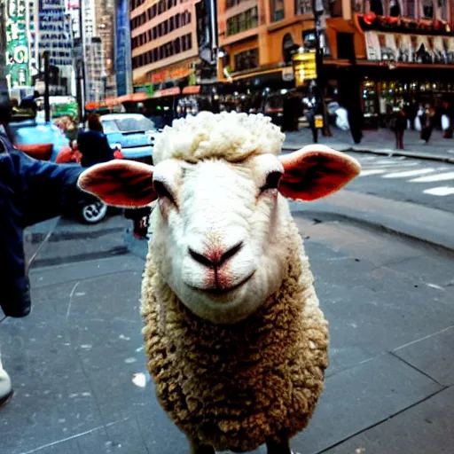 Image similar to sheep from 'Sheep in the Big City' drinking a beer. New York City.