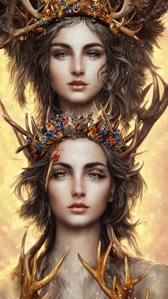 Prompt: highly detailed close up portrait of Artemis, goddess of the hunt and the moon, wearing a crown made of antlers, studio lightning, bright colors, intricate, masterpiece, photorealistic, hiperrealistic, sharp focus, high contrast, Artstation HQ, DeviantArt trending, 4k UHD, Unreal Engine 5