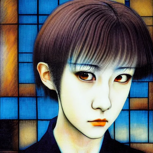 Image similar to yoshitaka amano blurred and dreamy realistic three quarter angle portrait of a young woman with short hair and black eyes wearing office suit with tie, junji ito abstract patterns in the background, satoshi kon anime, noisy film grain effect, highly detailed, renaissance oil painting, weird portrait angle, blurred lost edges