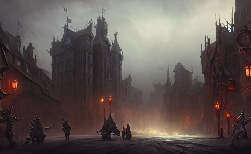 Image similar to extreme long shot concept art depicted old english majestic town, dramatic mood, overcast mood, dark fantasy environment, dieselpunk, art by legends of runeterra and league of legends and arcane, art by tony sart, trending on artstation, unreal engine, golden ratio, spectacular composition