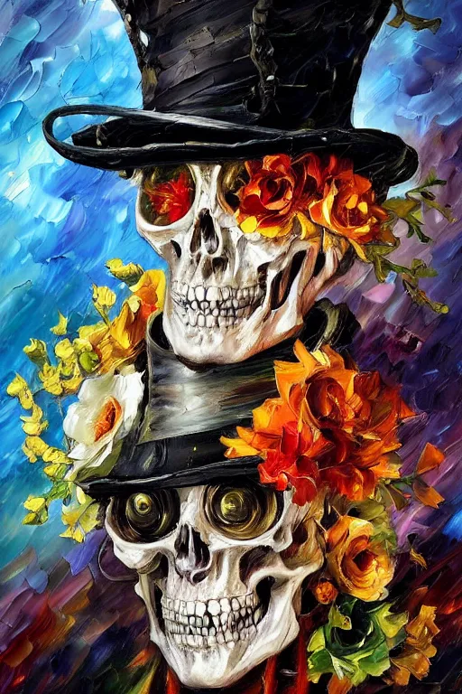 Prompt: palette knife oil painting portrait of a male baroque one - eyed cyborg demon gentleman wearing a tophat decorated with skulls and an arcane halo, floral growth, extreme detail, style by leonid afremov and degas, artstation trending, artgerm, deviant art, octane, substance, art history 8 k