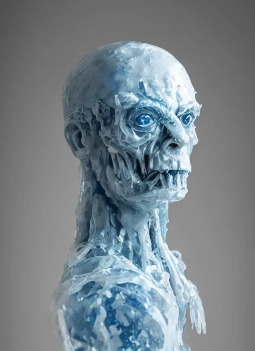 Image similar to a bust sculpture of anatomical detailed ice golem, rowan atkinson, blue blood, become human, ceramic base, orthographic, studio lighting