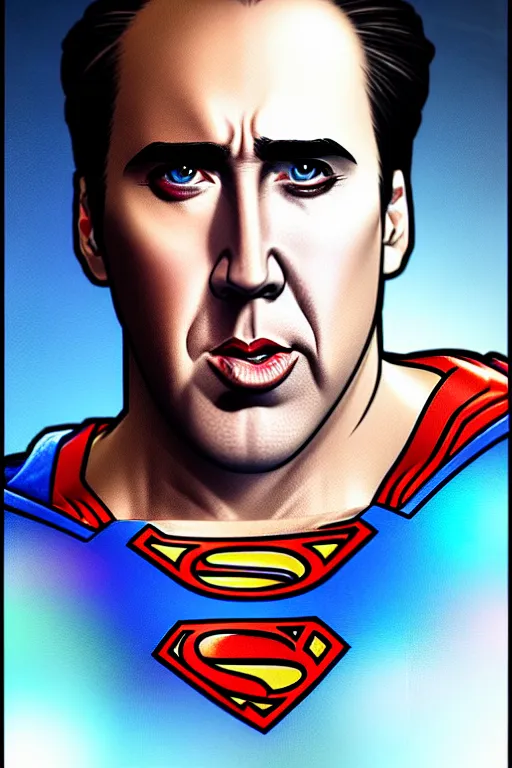 Prompt: nicholas cage as superman, in the style of art by artgerm and greg rutkowski and alphonse mucha