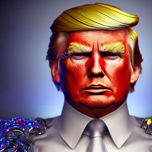 Image similar to donald trump full body detailed, ethereal, cyborg, covered in blood diamonds and other gems glowing, highly detailed face, elegant posed, evil expression, intricate, extremy detailed, beeple, cgsociety, 3 d unreal engine octane render. cinematic lighting, highly detailed 4 k art