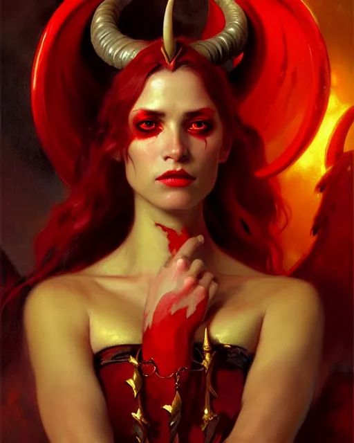 Prompt: painted close - up portrait of an attractive red - skinned intimidating demon girl with ram horns. oil painting, wearing a noblewoman's outfit, fantasy art by greg rutkowski and john singer sargent and gaston bussiere, demon noble character design