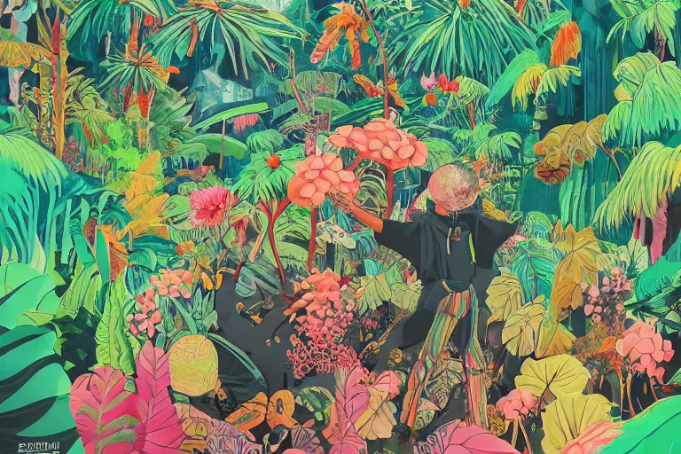 Prompt: 2 d gouache illustration of a rotterdam gabber from 9 0's, a lot of exotic vegetation, trees. flowers, oldschool vintage sci - fi flat surreal design, super - detailed, painting by satoshi kon, hd, 4 k, high quality