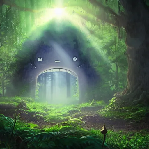 Image similar to A forest with a ray of light shining down onto the forest floor, soot sprouts floating, totoro hiding behind tree, magical, enchanting, graveyard, studio ghibli, beautiful, fantasy, digital art, high detail, excellent quality, 4K, OLED