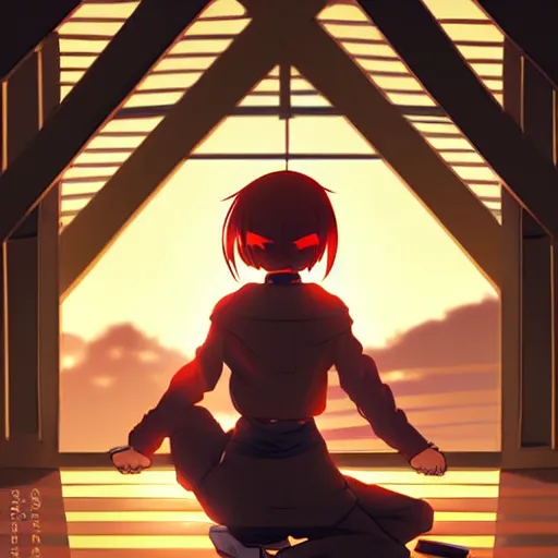 Image similar to digital anime art in the style of netflix arcane, cute female ninja sitting on an old japanese roof at golden hour, wlop, ilya kuvshinov, backlit