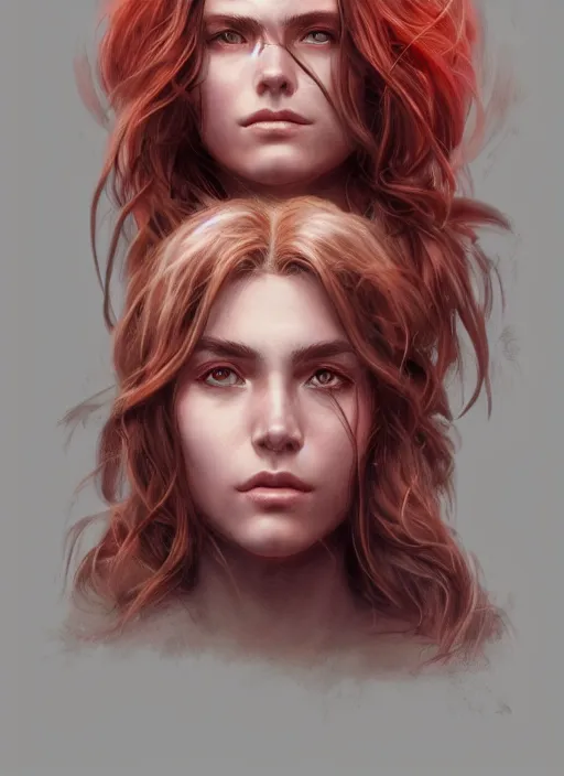 Image similar to vertical portrait of a ruggedly handsome female cleric, soft hair, close - up face, leather, witchy, d & d, fantasy, intricate, elegant, highly detailed, digital painting, artstation, concept art, smooth, sharp focus, illustration, art by artgerm and greg rutkowski and alphonse mucha, plain red background