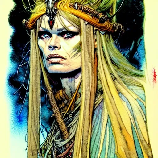 Image similar to a realistic and atmospheric watercolour fantasy character concept art portrait of brigitte bardot as a druidic warrior wizard looking at the camera with an intelligent gaze by rebecca guay, michael kaluta, charles vess and jean moebius giraud