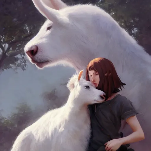 Image similar to a person hugging a large white animal, a detailed painting by krenz cushart, pixiv contest winner, fantasy art, official art, detailed painting, pixiv. highly detailed. 4 k masterpiece. unreal engine. photorealistic. realism. cinematic. photorealism. wideshot. coherent.