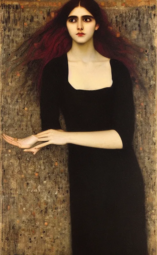 Image similar to portrait of a girl with long red hair in a black dress, under water, very beautiful style, girl wrapped in leather salwar bag black, photorealism edgard maxence, morandi,