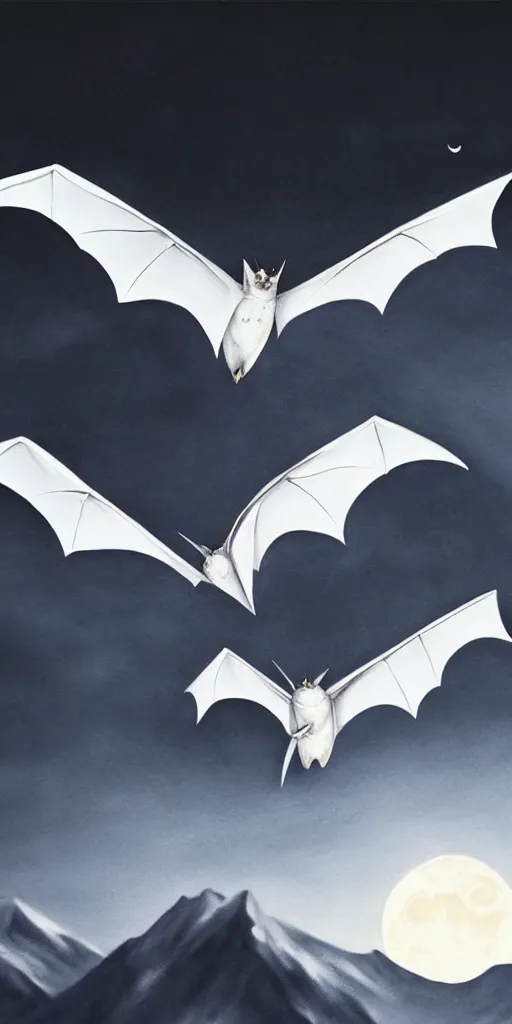 Prompt: hyper realistic white bat, flying against a dark black night sky, mountain in the background, moonlight, denoised, very detailed, national geographic, painted by artstation trending