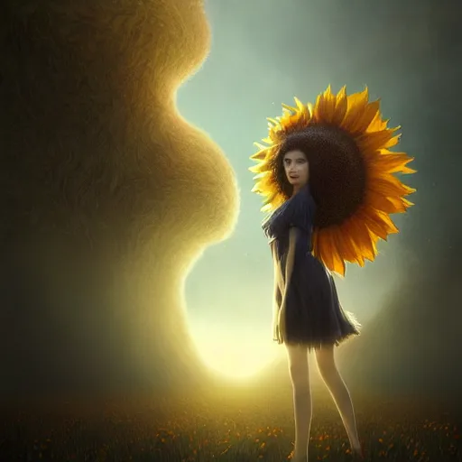 Image similar to by artgerm and agostino arrivabene, visually stunning, cinematic, ultra realistic, hyper realism, epic, octane render, unreal engine, vfx, maya, a girl slowly walking through amazing tall sunflower field, hair flowing, dark clouds incoming, early morning, fungal enchanter, murloc tinyfin, dread infernal, wee whelp, battle ram