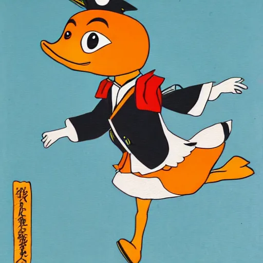 Image similar to Japanese anime style painting depicting an anthropomorphic duck dressed in a school uniform running to school while eating a piece of toast.