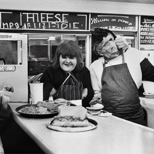 Prompt: 1 9 7 0 s chip shop, customers argue about the price