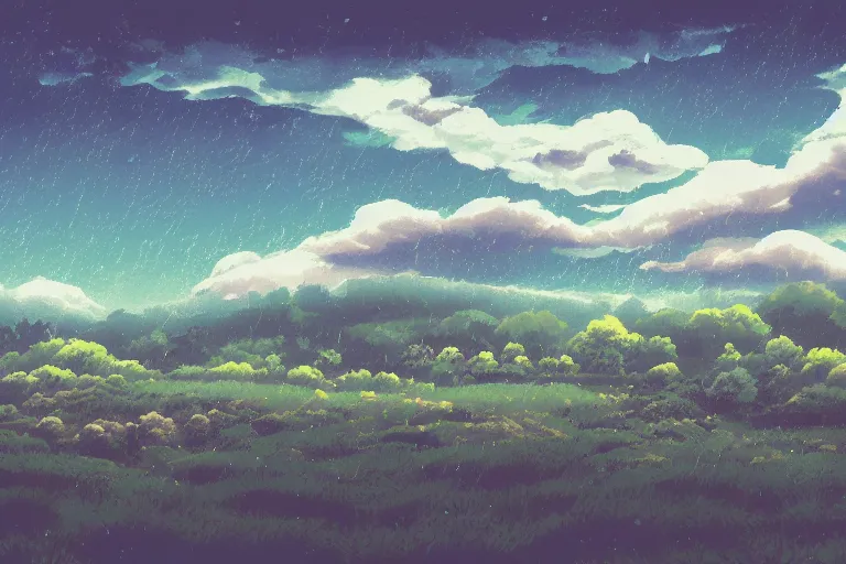 Prompt: landscape, summer, rain, morning, beautiful cloud, quiet, no people, Anime Background, illustration, sharp focus, intricate, super wide angle, trending on artstation, trending on deviantart, pixelart, pixelperfect, pixel art, pixel, color limit, nearest neighbor, hard edges