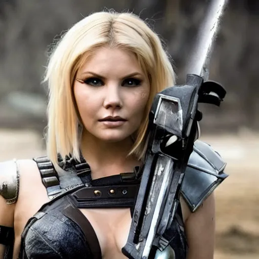 Image similar to elisha cuthbert as a cyberpunk warrior in a scifi battlefield
