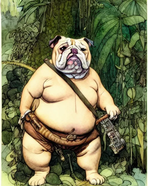 Image similar to a realistic and atmospheric watercolour fantasy character concept art portrait of a fat adorable chibi bulldog soldier in the jungle, by rebecca guay, michael kaluta, charles vess and jean moebius giraud