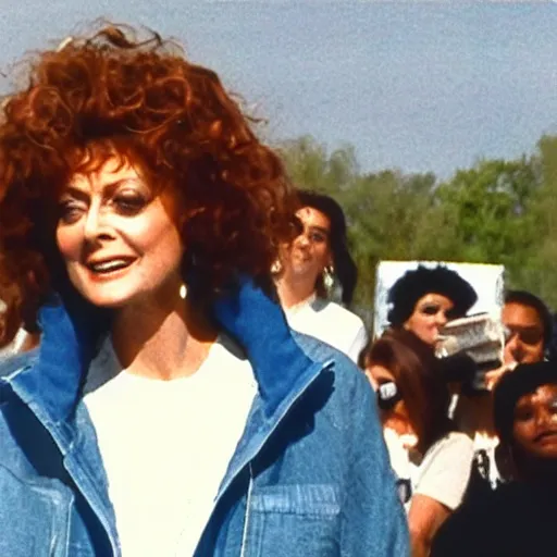 Image similar to 1 9 9 0 s video still of susan sarandon, wearing a hip hop hoodie, rapping on stage at a small outdoor concert, vhs artifacts