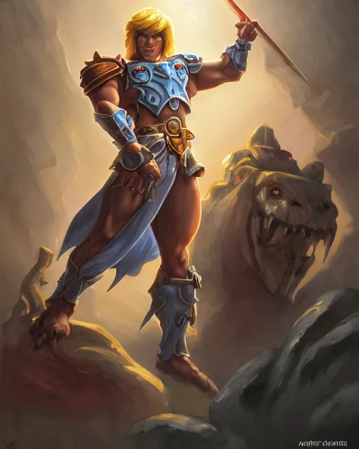 Prompt: He-Man!!!!!, close up, ghibli!! ,sci fi,fantasy, intricate, german iron cross chest armor ,elegant, loin cloth ,highly detailed, oil painting, artstation, concept art, matte, sharp focus, illustration, dramatic, sunset,hearthstone, art by Artgerm and Greg Rutkowski and Alphonse Mucha