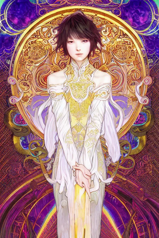 Image similar to fullbody portrait of a young hero with strange hairs, soft smile, baroque cloth, luminous scene, final fantasy and legue of legends champion, by chengwei pan and alpfons mucha, gradient white to gold, in front of an iridescent magical building background, highly detailed portrait, digital painting, smooth, focus illustration