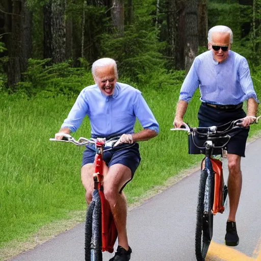 Image similar to joe biden wearing a tutu, riding a bike in the forest