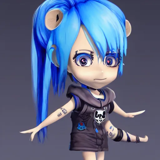 Image similar to a digital painting of a girl with blue hair and a skull on her shirt, lyco art, chibi, by antonio mello, 3 d nft, nendoroid 3 d, cyberpunk artm, cgsociety, sketchfab, seapunk, anime aesthetic, rendered in maya