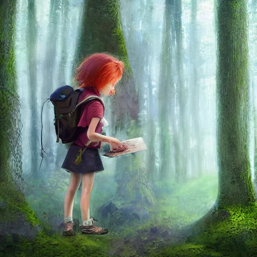 Prompt: detailed painterly portrait of a red - haired explorer girl kid with a backpack and a map, in the deep tangled, mossy, misty forest, lit by sunbeams, by loish, unreal 5