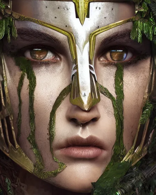 Prompt: digital art of a warrior woman in a jungle wearing heavy medieval knights armor, character art, covered in armor detailed face, beautiful face, 4 k, octane render