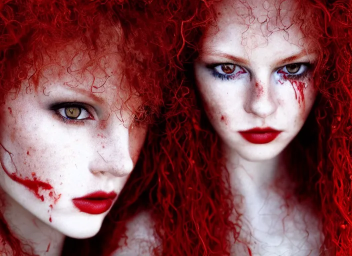 Image similar to award winning 5 5 mm close up face portrait photo of a redhead with blood - red wavy hair and intricate eyes that look like gems, in a park by luis royo