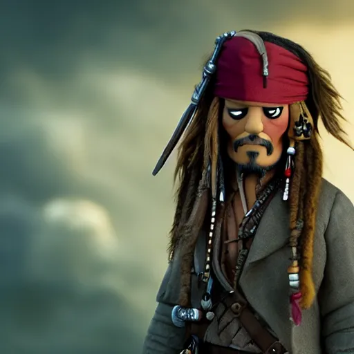 Image similar to A still of Jack Sparrow as a muppet, 4k, photograph, artstation, trending, award winning, epic lighting, featured