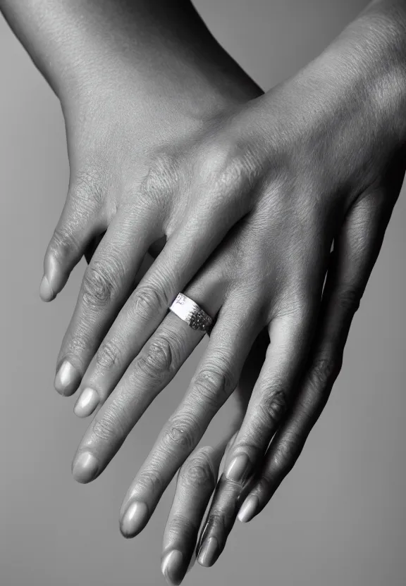 Prompt: a photo of one ultra detailed woman's hand, cupping hand gesture, point finger with ring on it, instagram photo, studio photo