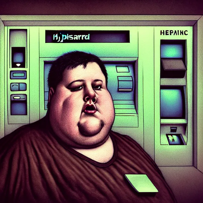 Image similar to hyperrealistic mixed media portrait of a mordidly obese man using an ATM machine, despair, depressing and hopeless vibe, stunning 3d render inspired art by P. Craig Russell and Barry Windsor-Smith + perfect facial symmetry + dim volumetric lighting, 8k octane beautifully detailed render, post-processing, extremely hyperdetailed, epic composition, grim yet sparkling atmosphere, cinematic lighting + masterpiece, trending on artstation