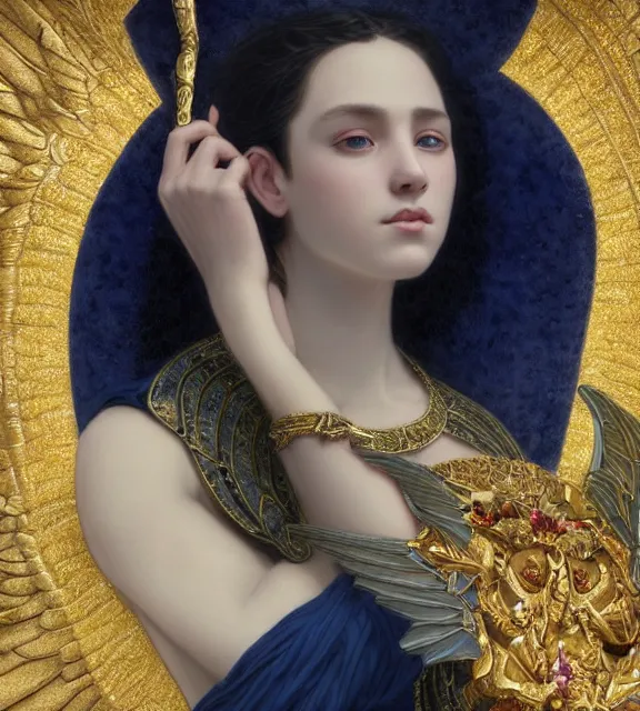 Image similar to god of death, young male, crystal cave background, elegant dark blue dress, very detailed, throne, very intricate details, jewelry, gold eyeshadow, elaborate long black hairstyle, wings, cinematic, artstation, william bouguereau, alphonse mucha, greg rutkowski, rossdraws, octane render