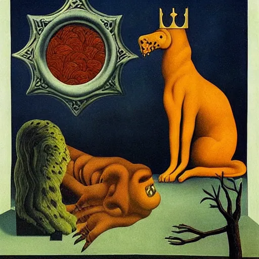 Image similar to king of the beasts 666, by Rene Magritte, by Remedios Varo, by M.C. Escher, fairy-tale illustration style, very detailed, colorful, beautiful, eerie, surreal, psychedelic