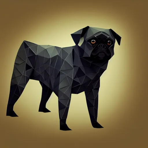 Image similar to origami low polygon, black pug, forest, digital art, hyper realistic