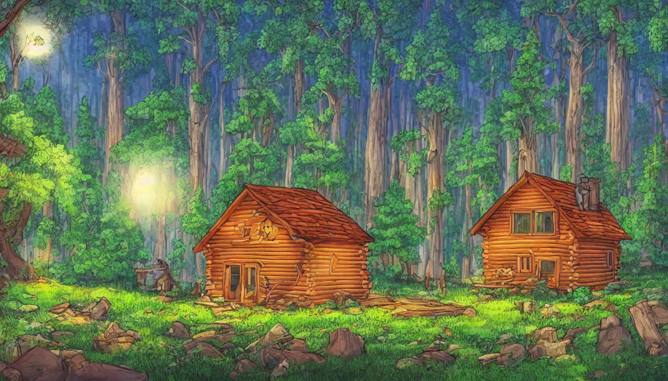 Image similar to a clearing in a forest with a cabin, Disney cartoon, animation, high detail, colorful