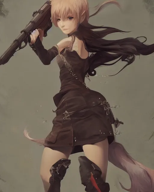 Image similar to a ( girl as personification of hand gun ), fantasy bakery, digital art by krenz cushart, laurie greasly, wlop, artgerm, intricate, ( highly detailed figure ), sharp focus, smooth, epic composition, joyful, unreal engine