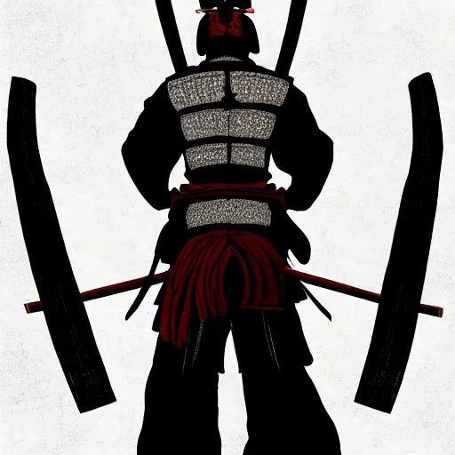 Image similar to A FULL BODY PORTRAIT FROM BEHIND OF A SAMURAI WITH 2 KATANAS , concept art,HIGHLY DETAILED ink style , sketch