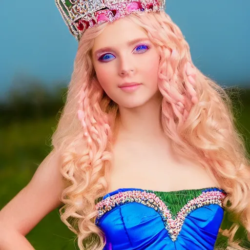 Prompt: a beautiful princess with long blonde hair and blue eyes wearing a strapless elaborately beaded pink dress, high resolution film still, 8k, HDR color, film by Simon Langton and David Frankel