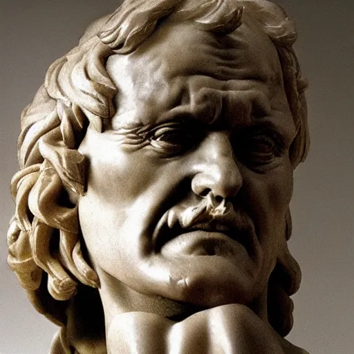 Image similar to a sculpture by michelangelo with the likeness of rutger hauer