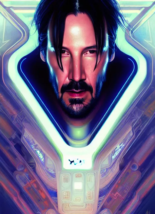 Image similar to symmetry portrait of keanu reeves, sci - fi, tech wear, glowing lights intricate, elegant, highly detailed, digital painting, artstation, concept art, smooth, sharp focus, illustration, art by artgerm and greg rutkowski and alphonse mucha